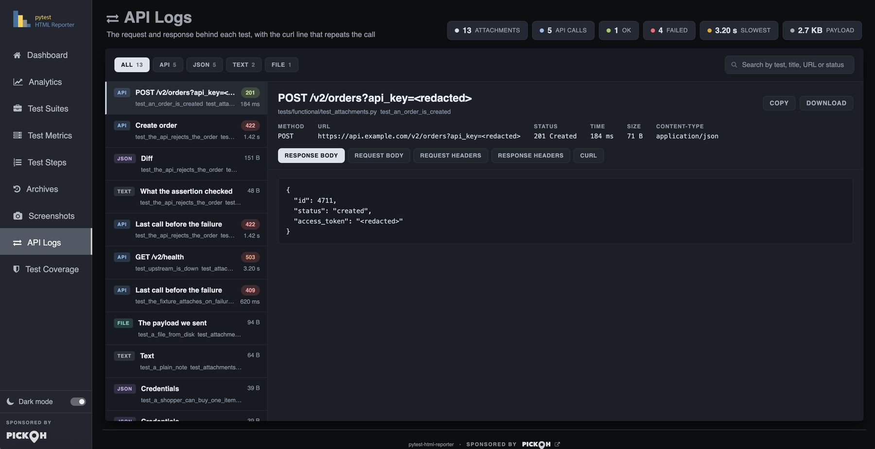 The API Logs tab with a POST call selected, showing the rail of attachments and the open call’s meta row and JSON response body