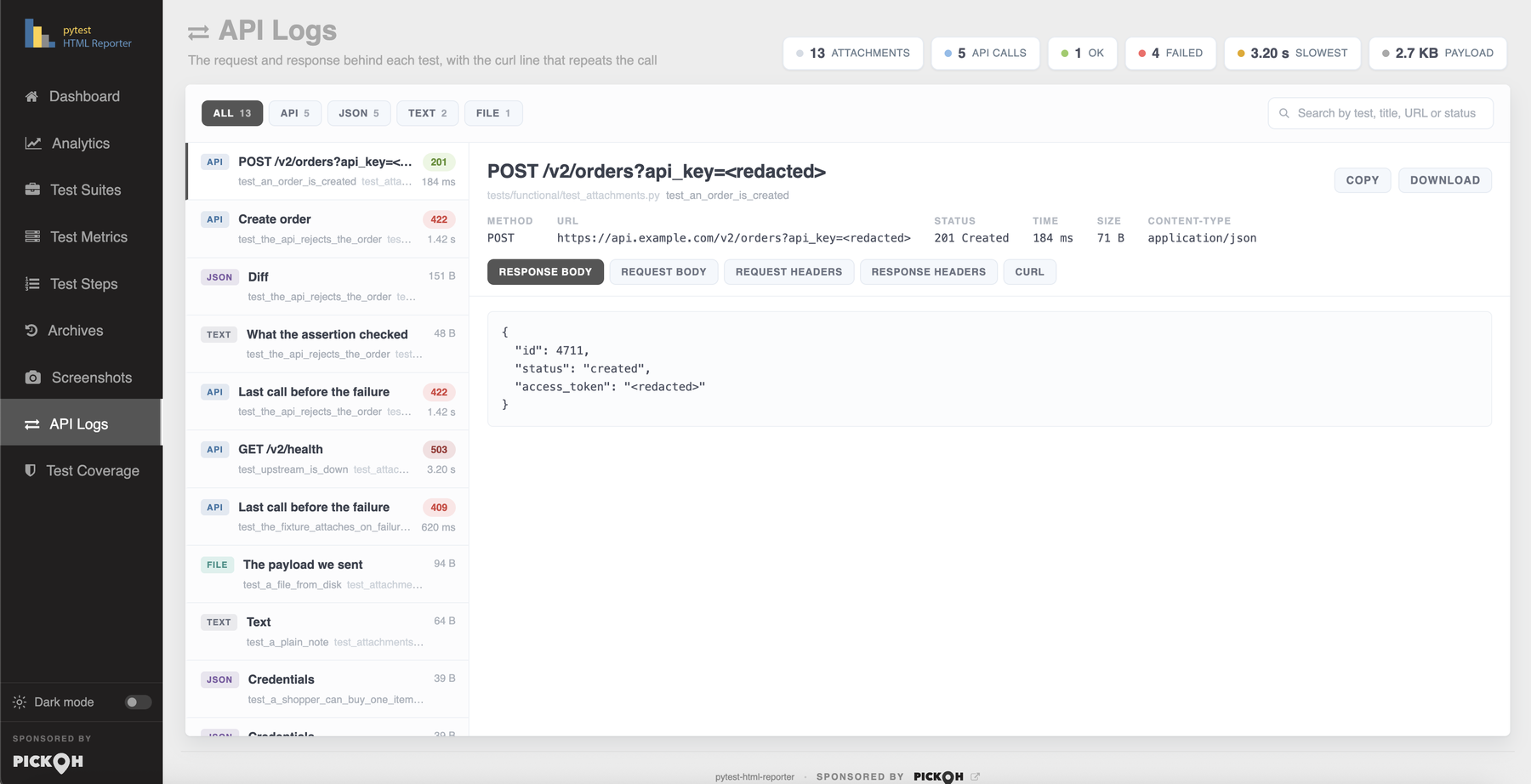 The API Logs tab with a POST call selected, showing the rail of attachments and the open call’s meta row and JSON response body