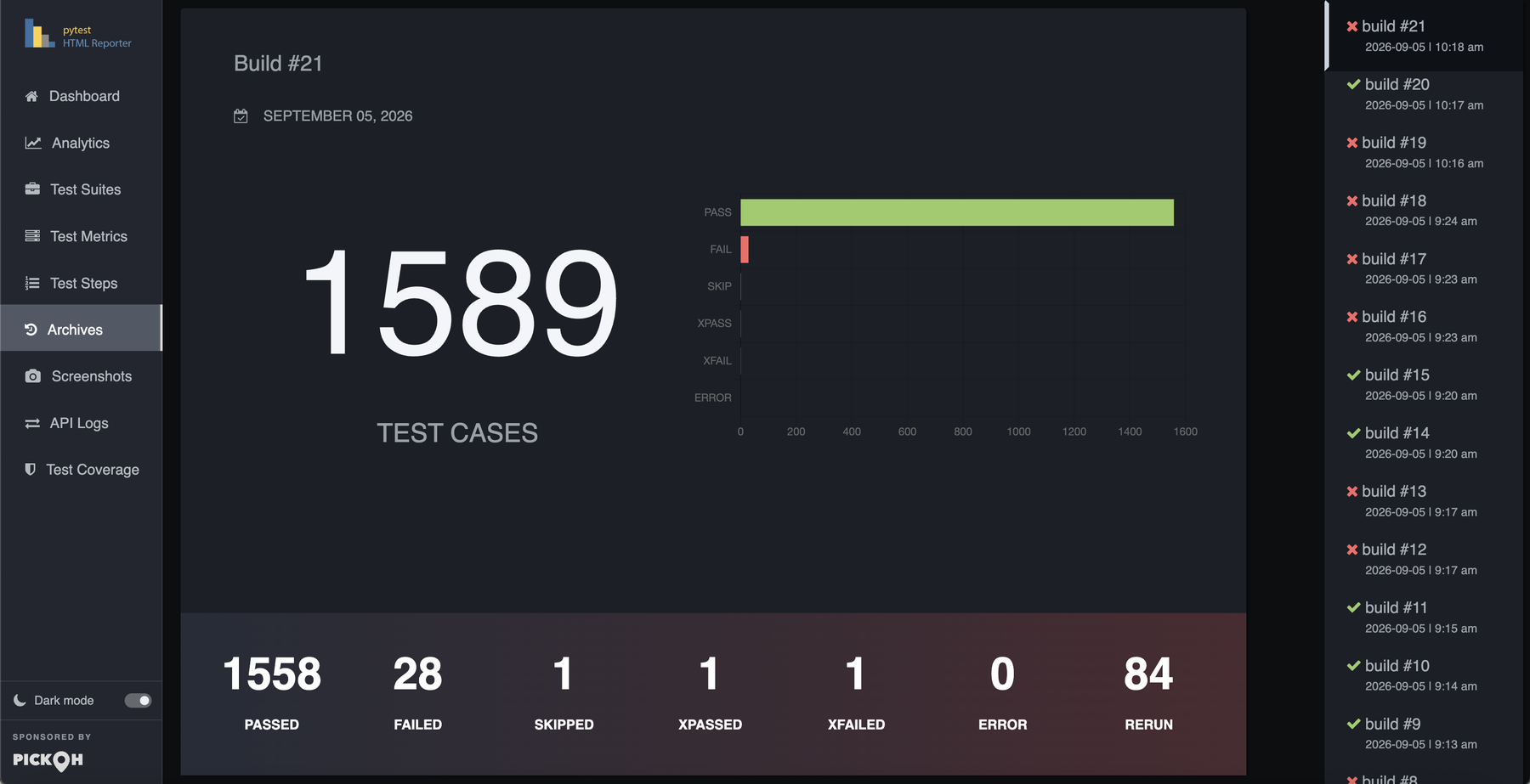 The Archives tab: a build card with its total, date, stacked bar and seven counters, and the build rail down the right