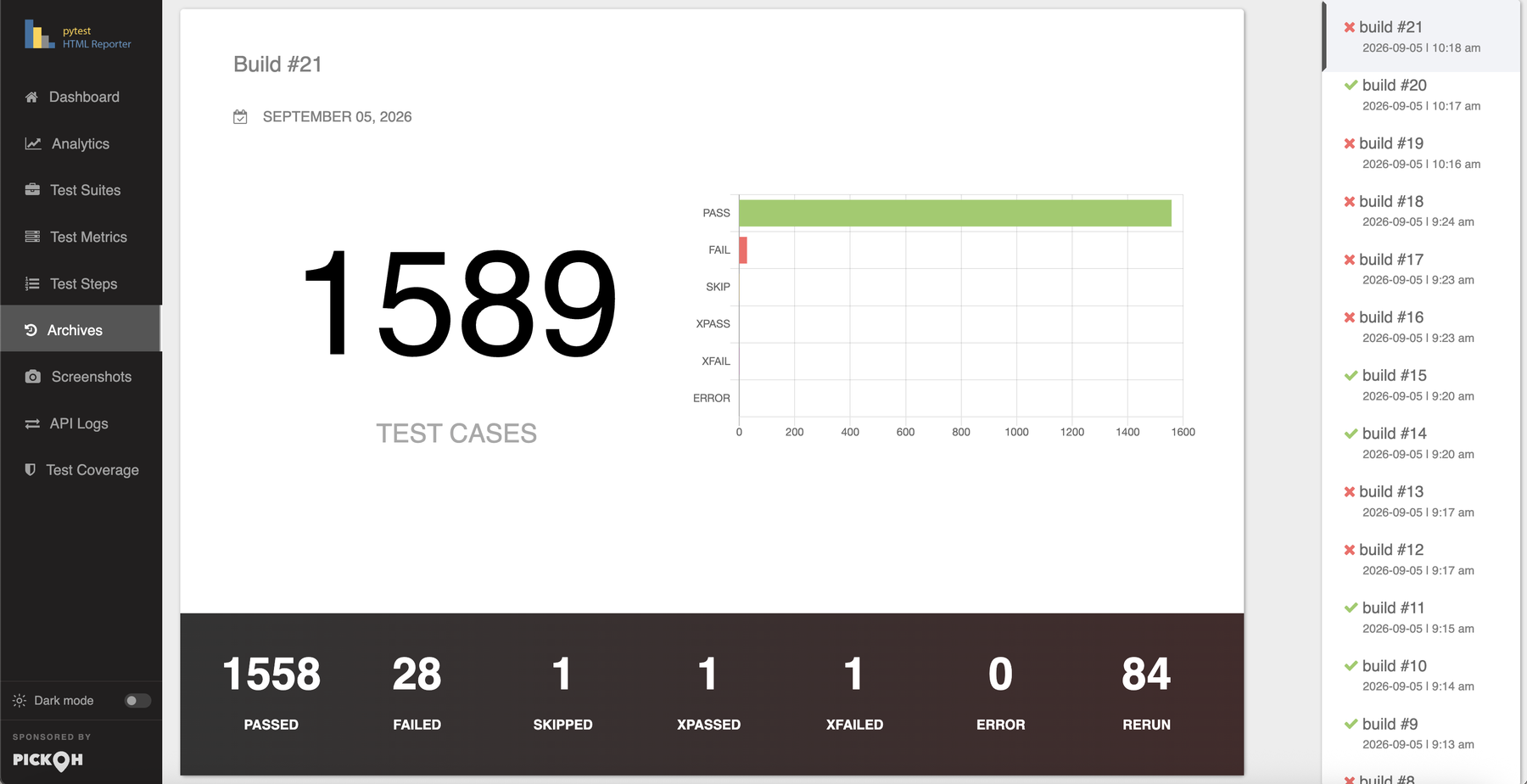The Archives tab: a build card with its total, date, stacked bar and seven counters, and the build rail down the right