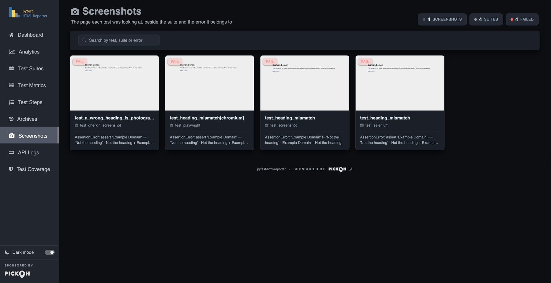 The Screenshots gallery: four cards, each with a FAIL badge, the capture, the test and suite name and the error underneath