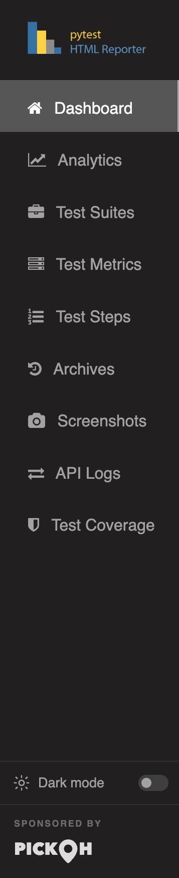 The report’s side nav column: Dashboard, Analytics, Test Suites, Test Metrics, Test Steps, Archives, Screenshots, API Logs and Test Coverage, with the dark-mode switch at the foot
