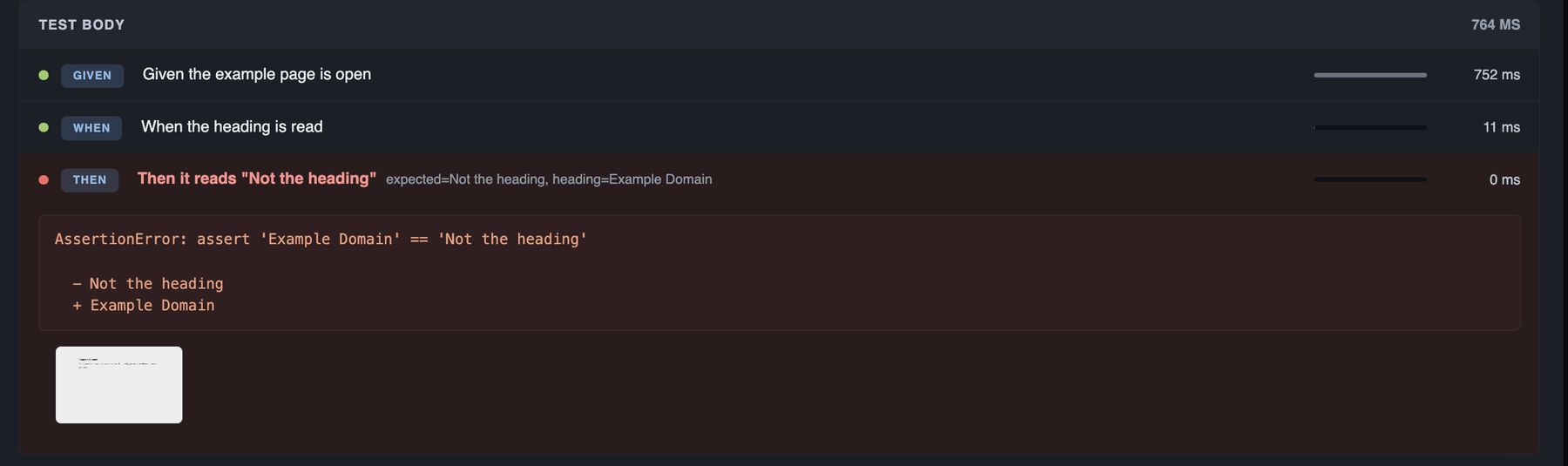 The Test body block of a failed test: two passing steps, a failed step carrying its assertion message, and the screenshot captured on that step