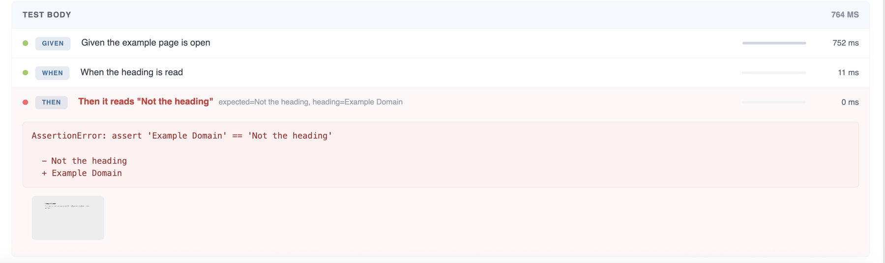 The Test body block of a failed test: two passing steps, a failed step carrying its assertion message, and the screenshot captured on that step