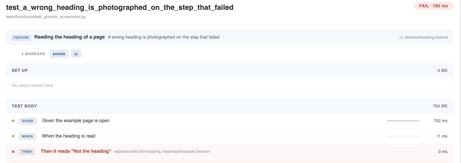 A pytest-bdd scenario in Test Steps: the feature strip naming the feature file above Given, When and Then rows with coloured Gherkin badges and timings
